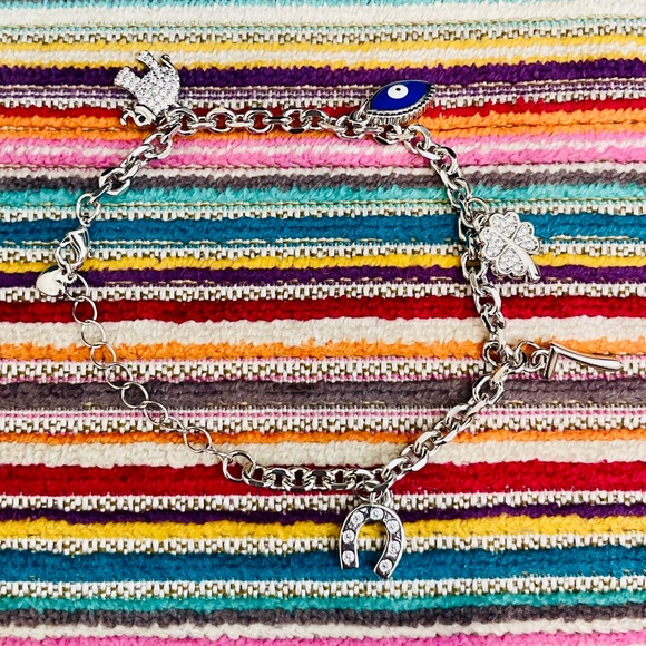 Lucky Charms Charm Bracelet |Evil Eye Shamrock Elephant Seven| White Gold Filled - Picture 3 of 9
